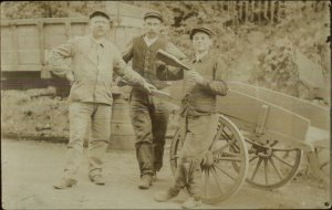 Boy & Men w/ Wagon & Wine Bottle c1910 French Real Photo Postcard