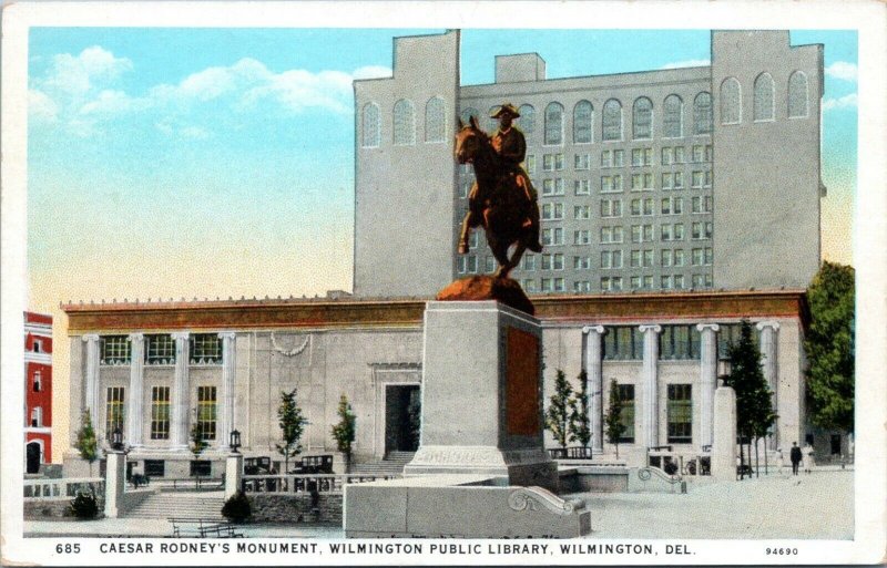 1915 Wilmington Delaware Caeasr Rodney Monument Public Library Postcard DO