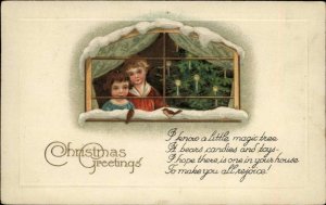 Christmas Children Looking Out Window Tree Poetry Verse Vintage Postcard