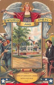 ABRAHAM LINCOLN SPRINGFIELD ILLINOIS SWORD & PEN PATRIOTIC POSTCARD 1909