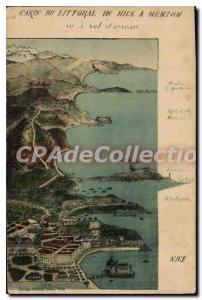 Postcard Old map of the coast of Nice Menton saw the crow flies