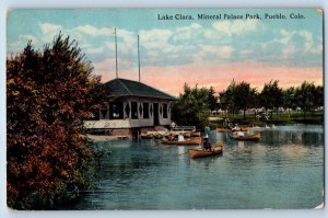 Pueblo Colorado CO Postcard Lake Clara Mineral Palace Park Canoeing Boat 1910