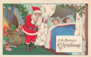 RED SUIT SANTA-BAG OF TOYS-SLEEPING CHILDREN~1921 MERRY CHRISTMAS POSTCARD