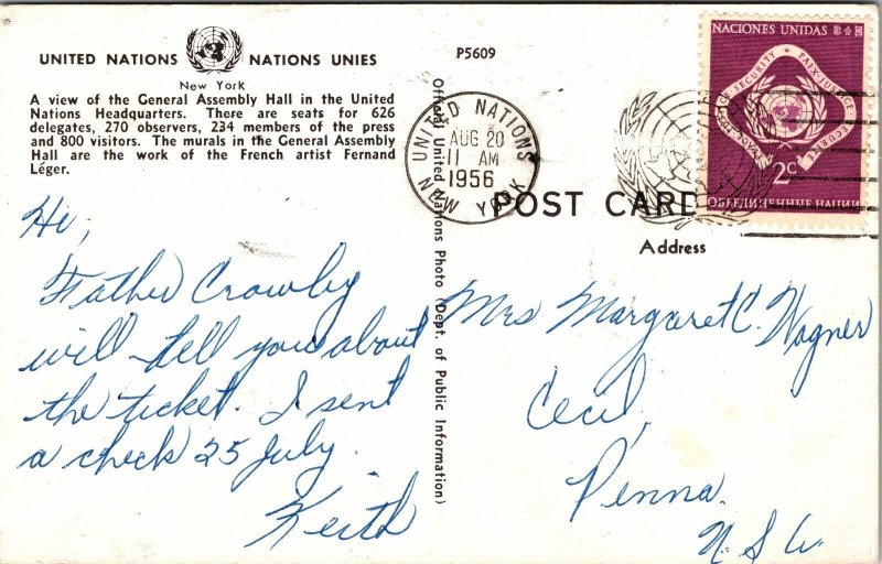 VINTAGE POSTCARD GENERAL ASSEMBLY HALL UNITED NATIONS HEADQUARTERS MAXIMUM1957