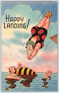 1940's FAT LADY DIVES INTO FAT MAN BEACH HAPPY LANDING! COMIC LINEN POSTCARD