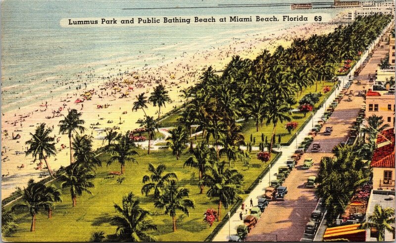 Lummus Park & Public Bathing Beach Miami Beach FL Linen Cancel WOB Postcard 