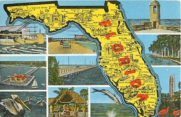 Linen Map Card of Florida 1951