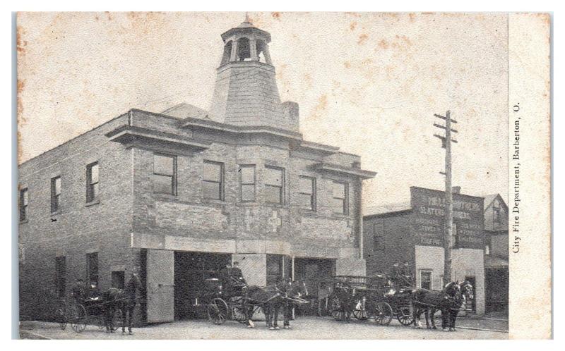 Early 1900s City Fire Department Horse Drawn Fire Engines, Barberton OH Postcard