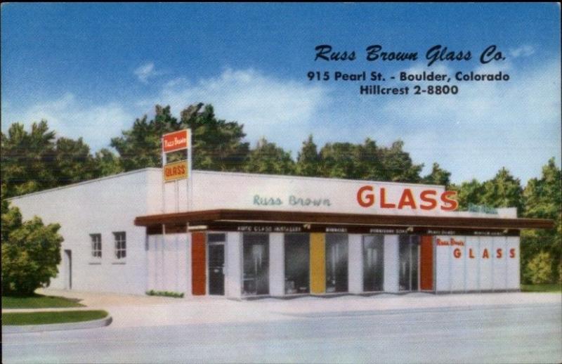 Boulder CO Russ Brown Glass Co Storefront Postcard