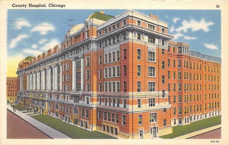 Chicago Illinois~County Hospital Corner View~People on Sidewalk~1958 Linen Pc