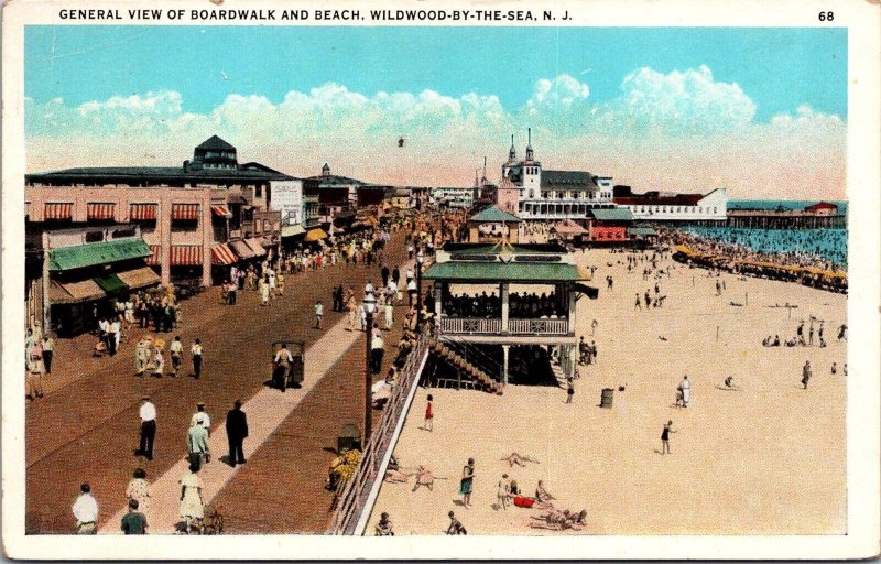 View of Boardwalk and Beach, Wildwood-By-The-Sea NJ c1934 Vintage Postcard S77