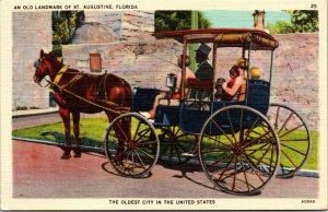 Vtg 1930s Horse and Carriage St Augustine Florida FL Linen Postcard