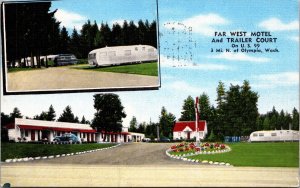 Linen Postcard Far West Motel and Trailer Court U.S. 99 in Olympia, Washington