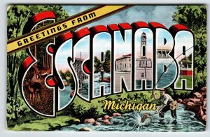 Greetings From Escanaba Michigan Large Letter Postcard Linen Fly Fishing Fish