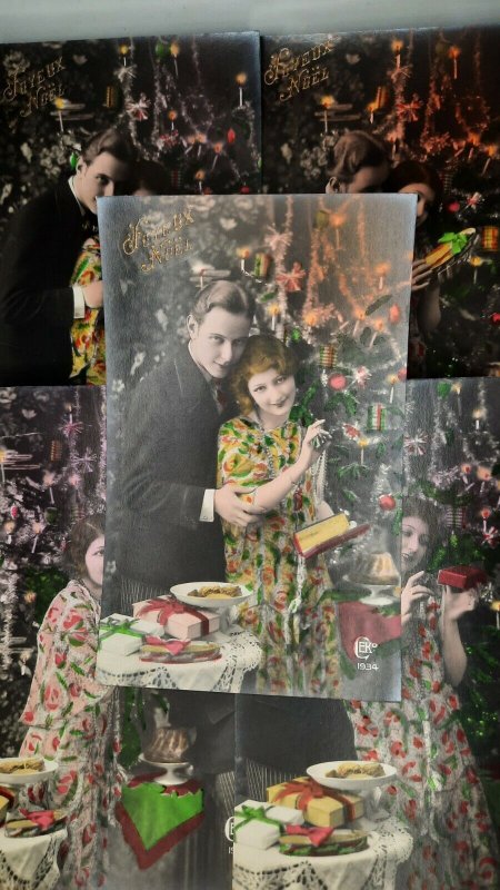 Postcard Christmas Joyeux Noel Photo tinted Couple at Christmas CEKO 1934 set 