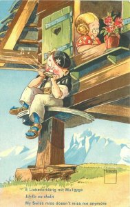 Artist 1950s Switzerland Swiss Miss Boy Larmonica Romance Postcard 20-1157