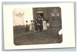 Vintage 1910's RPPC Postcard - Group Photo in Front of Country Church or School