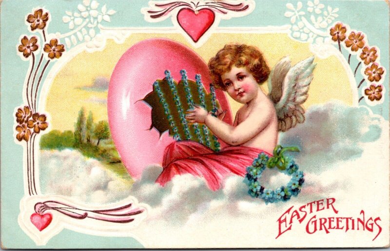 Easter Postcard Cherub Angel Playing Music on Cracked Colored Egg Shell Flowers