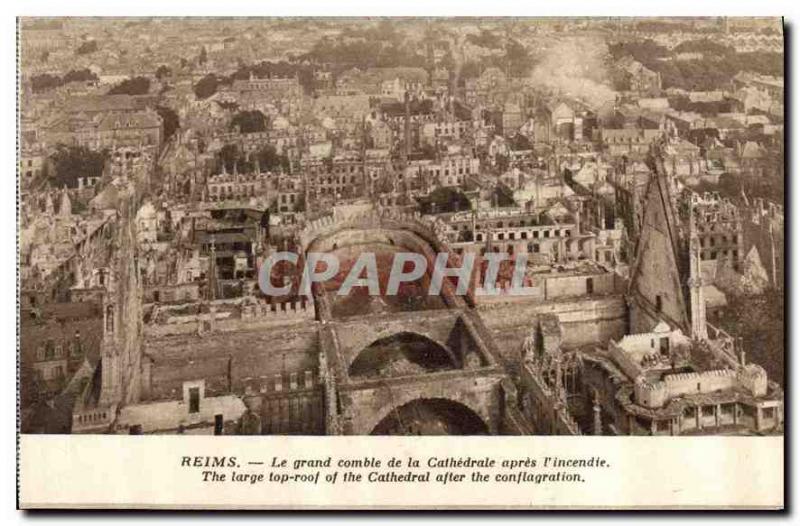 Old Postcard Reims The great height of the Cathedral after the fire