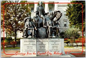 VINTAGE CONTINENTAL SIZE POSTCARD STATUE & GREETINGS FROM RALEIGH NORTH CAROLINA