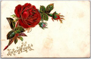 Good Luck, 1907 Red Roses & Ornate Gold Script, Sentimental, Vintage Postcard