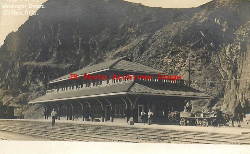 Depot, Arizona, Clifton, RPPC, Arizona & New Mexico Railroad Station, Photo 