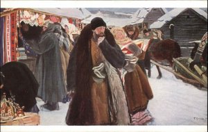 BM Koustodieff Russian Market in Winter c1910 Vintage Postcard