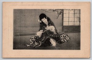 Japanese Art Girl Flower Robe with Pet Rats Mice Y Torii Shoten Postcard E42