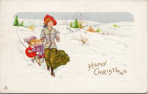 'Happy Christmas' Woman Pulling Children on Sled Winter Xmas c1912 Postcard F67