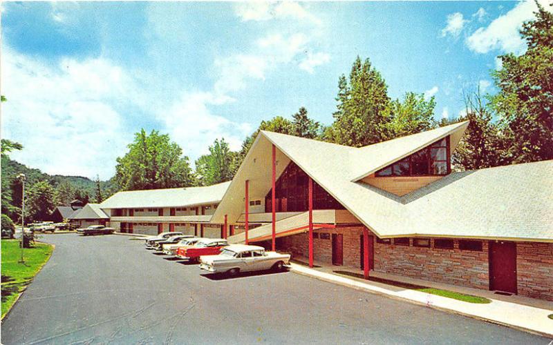 Little Pigeon River TN Twin Island Motel Great Smoky Mountains Old Cars Postcard