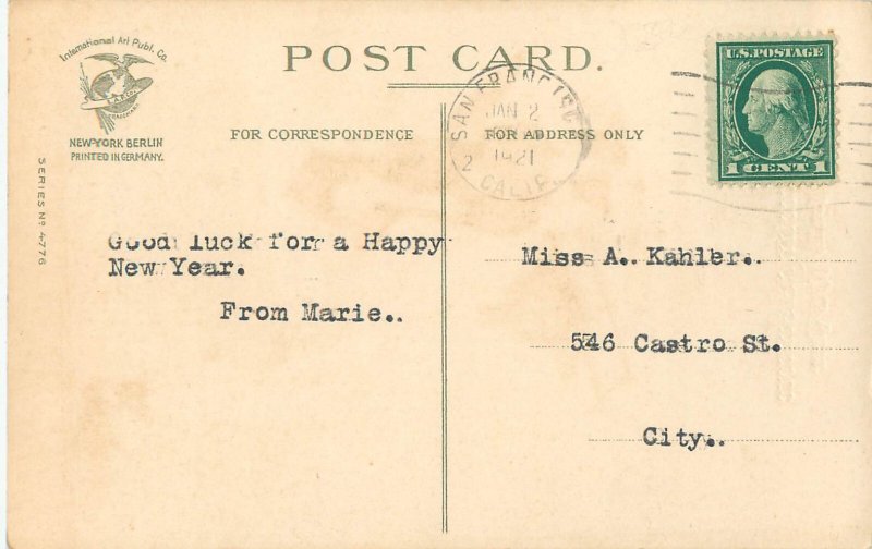 New Years Postcard Snowman With Tattered Umbrella and Child With Money Sled 4776