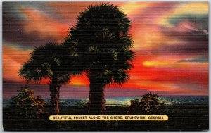 Brunswick Georgia GA, Beautiful Trees Sunset Along the Shore, Vintage Postcard