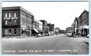 RPPC SAVANNA, Illinois IL ~ MAIN STREET Scene c1940s RADKE HOUSE Hotel Postcard