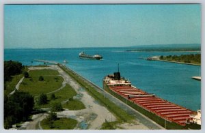 Great Lakes Grain Carriers, Soo Locks, Sault Ste Marie Ontario, Vintage Postcard