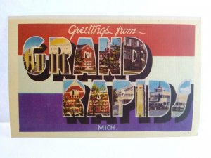 Greetings From Grand Rapids Michigan Large Big Letter Postcard Linen Unused Mich 