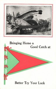 Vintage Postcard Fisherman Bringing Home A Good Catch Comic Fishing Flag