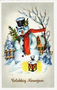 Happy New Year Snowman Bird Lamp House Vintage Postcard C356