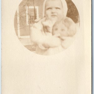 c1910s Cute Baby Boy Girl Doll RPPC Close Up Candid Circle Photo Toys House A214