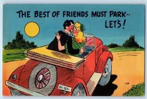 1950 Romance Sweet Couple Riding Car The Best Of Friends Must Park Postcard