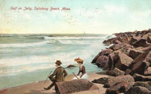 Vintage Postcard 1908 Surf On Jetty Salisbury Beach Massachusetts Metropolitan