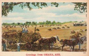 Vintage Postcard 1920's Harvesting Hay Cape Horse Cart Greetings Omaha Arkansas