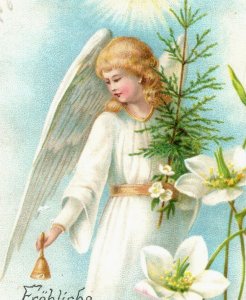 1880s German Christmas Card Lovely Angel Fröhliche Weihnachten F134