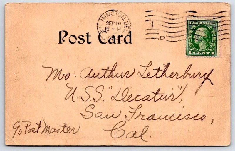 1914 WILMINGTON DELAWARE I'M ON MY WAY to LETHERBURY U.S.S. DECATUR POSTCARD