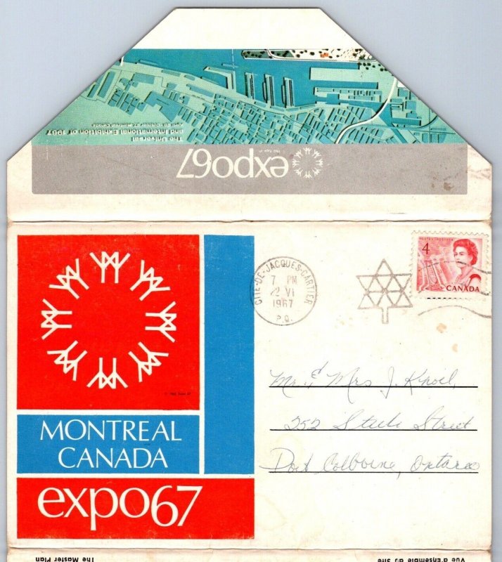 Expo 67 Folder Postcard, Montreal Quebec, 1967 Canada Centennial Logo Postmark
