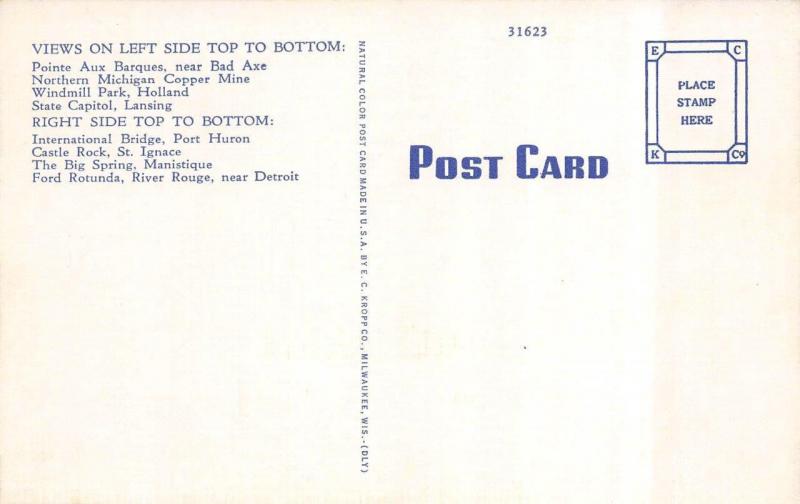 Michigan,      MAP CARD-CITIES-LAKES-LANDMARKS       c1940's Linen Postcard