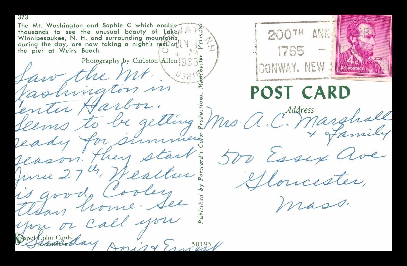 1965 Conway New Hampshire Mt. Washington Sophie C Weirs Beach Lake ...