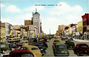 View Looking Down Broad Street, Augusta GA Linen Vintage Postcard G17