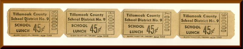 Vintage School Lunch Tickets, Four .45 cent Tickets, Tillamook County, 1950's?