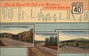 Route 40 Western Maryland MD Multi-View Linen Vintage Postcard