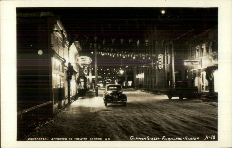 Fairbanks AK Cushman Street at Night c1930s-40s Real Photo Postcard #1